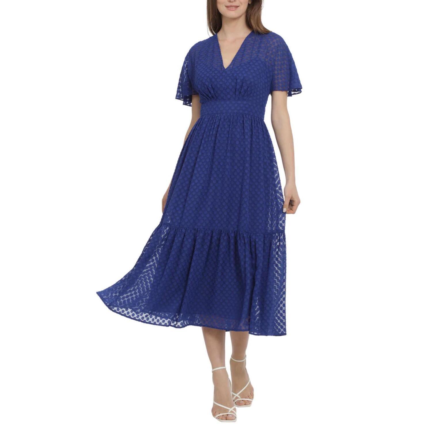 New Maggy London Short Sheer Sleeve Midi Dress In Blue